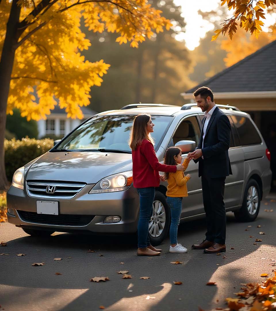 Eine Familie übergibt ein Auto an einen Händler beim Autoankauf Memmingen vor dem Haus